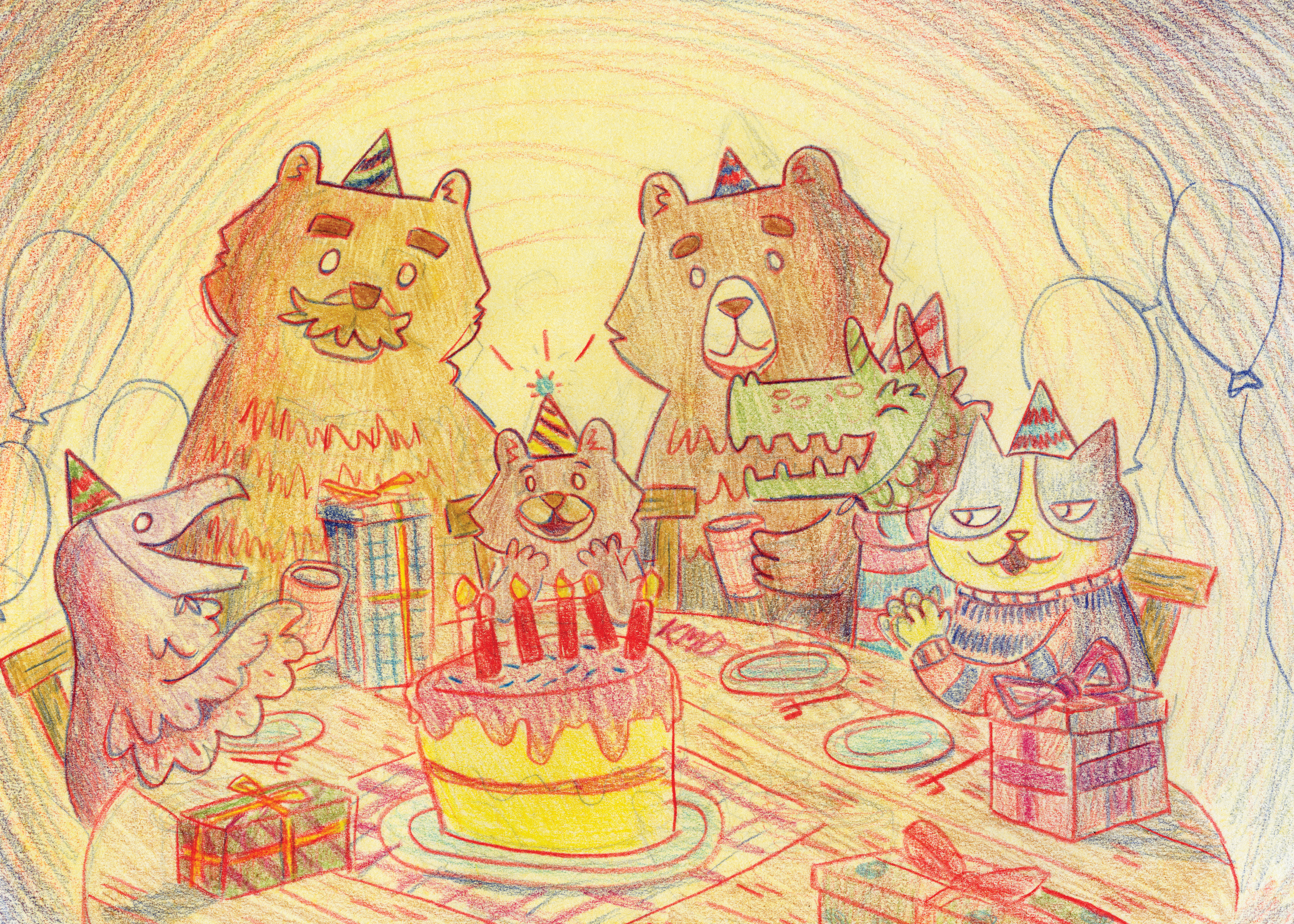 Two bear parents at a party.