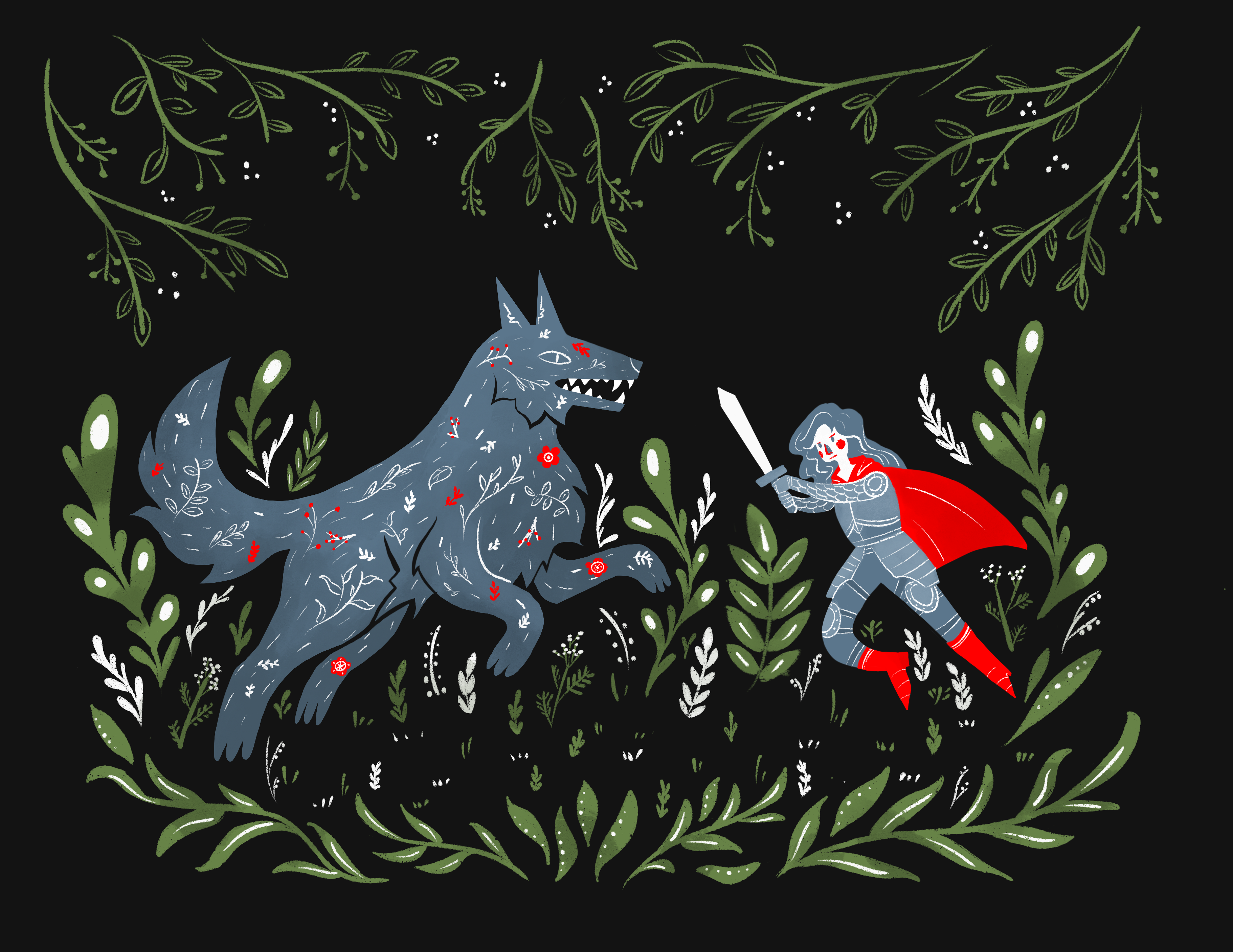 A knight fighting a wolf.