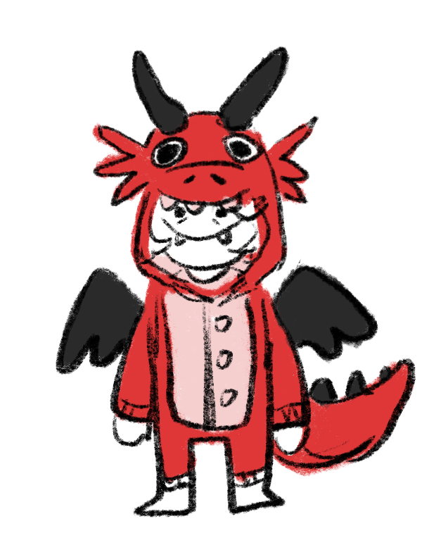 A person wearing a red dragon onesie and grinning